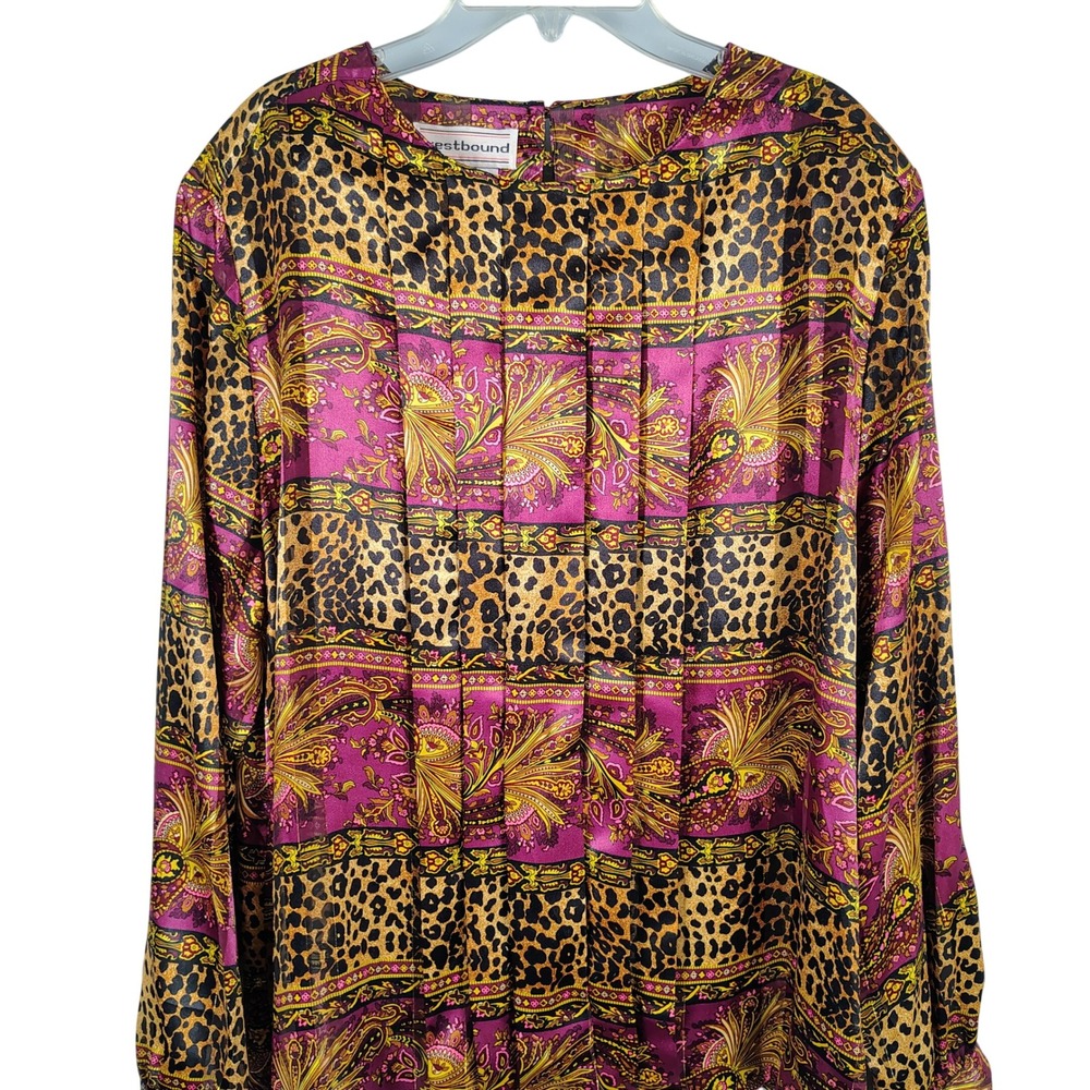 Womens SZ 14 Westbound Blouse Multicolor Leopard Paisley Pleated Mob Wife Retro